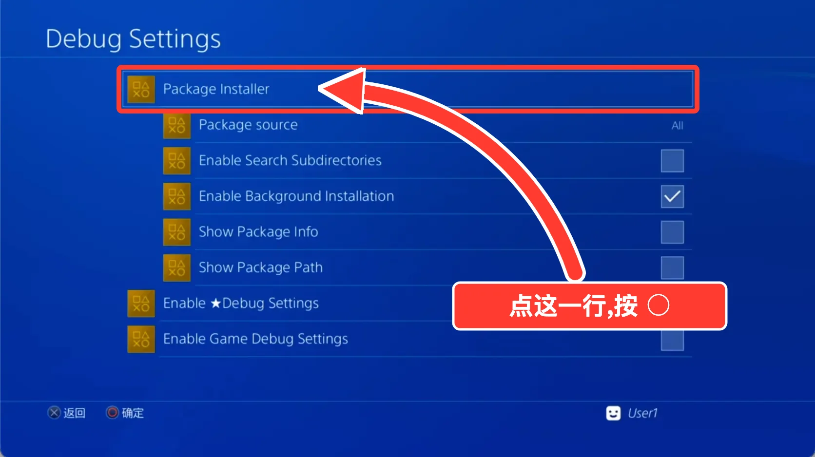 GoldHEN 的 Debug Settings 页面,红色大箭头指向第一行 Package Installer