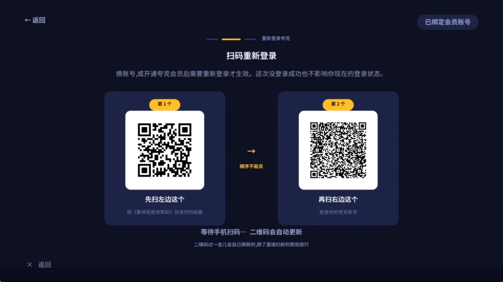 夸克网盘扫码页:左边第 1 个转存帮助文档,右边第 2 个登录夸克账号,中间写着顺序不能反